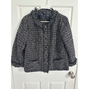 East 5th Tweed Jacket Black Silver Button Up‎ Fringed Blazer XL